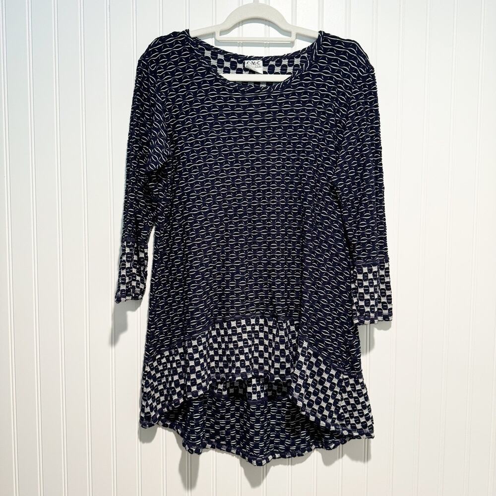 CMC Color Me Cotton Blue White Textured Knit Tunic Top Lagenlook Medium
